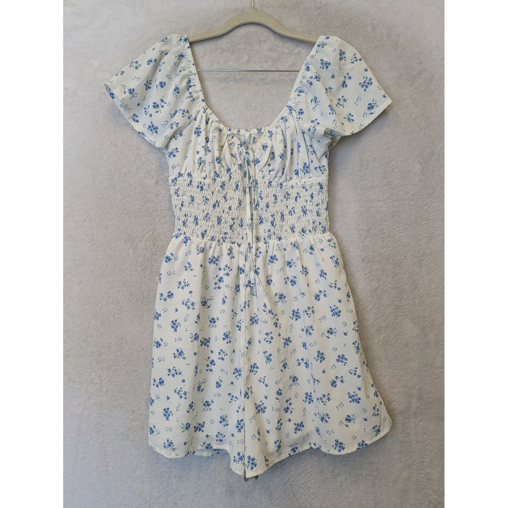 SHEIN Romper Junior's L White Blue Floral‎ Smocked Tie Front Cottagecore